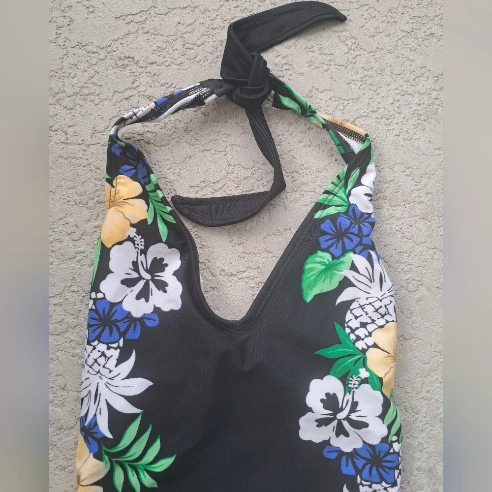 Vintage Anne Cole Black Floral Halter One-Piece Swimsuit